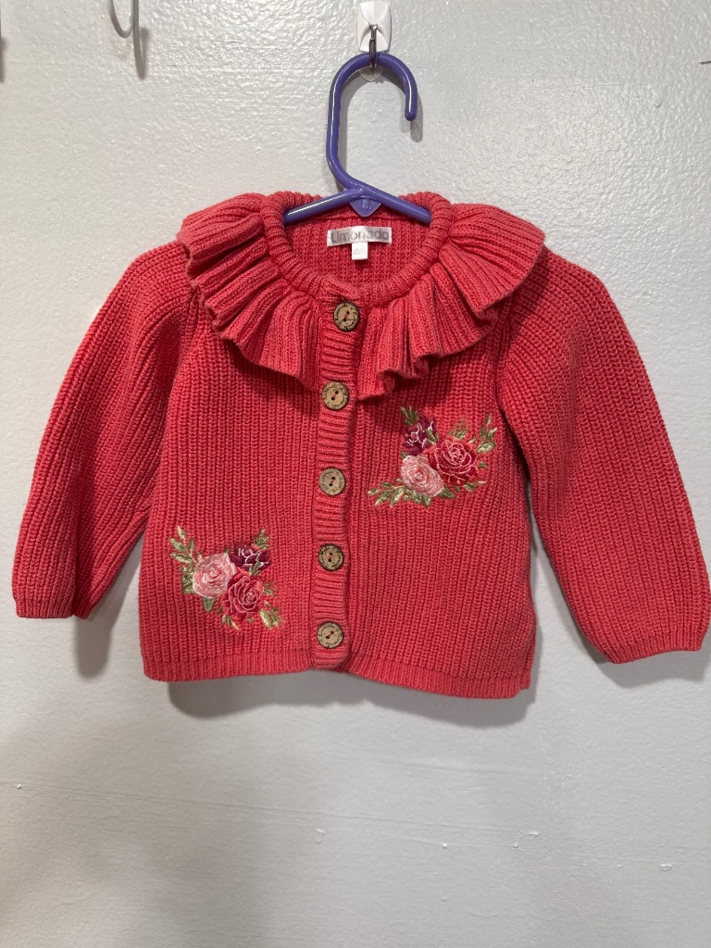 Limonada baby girls embroidered roses cardigan with a frill collar Size 12 Month